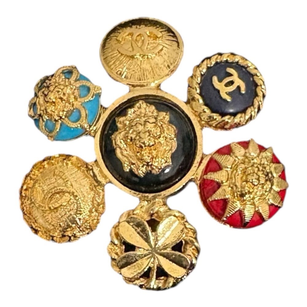 Chanel 24k gold plated: Vintage Gold and Black Brooch with Red and Blue Details